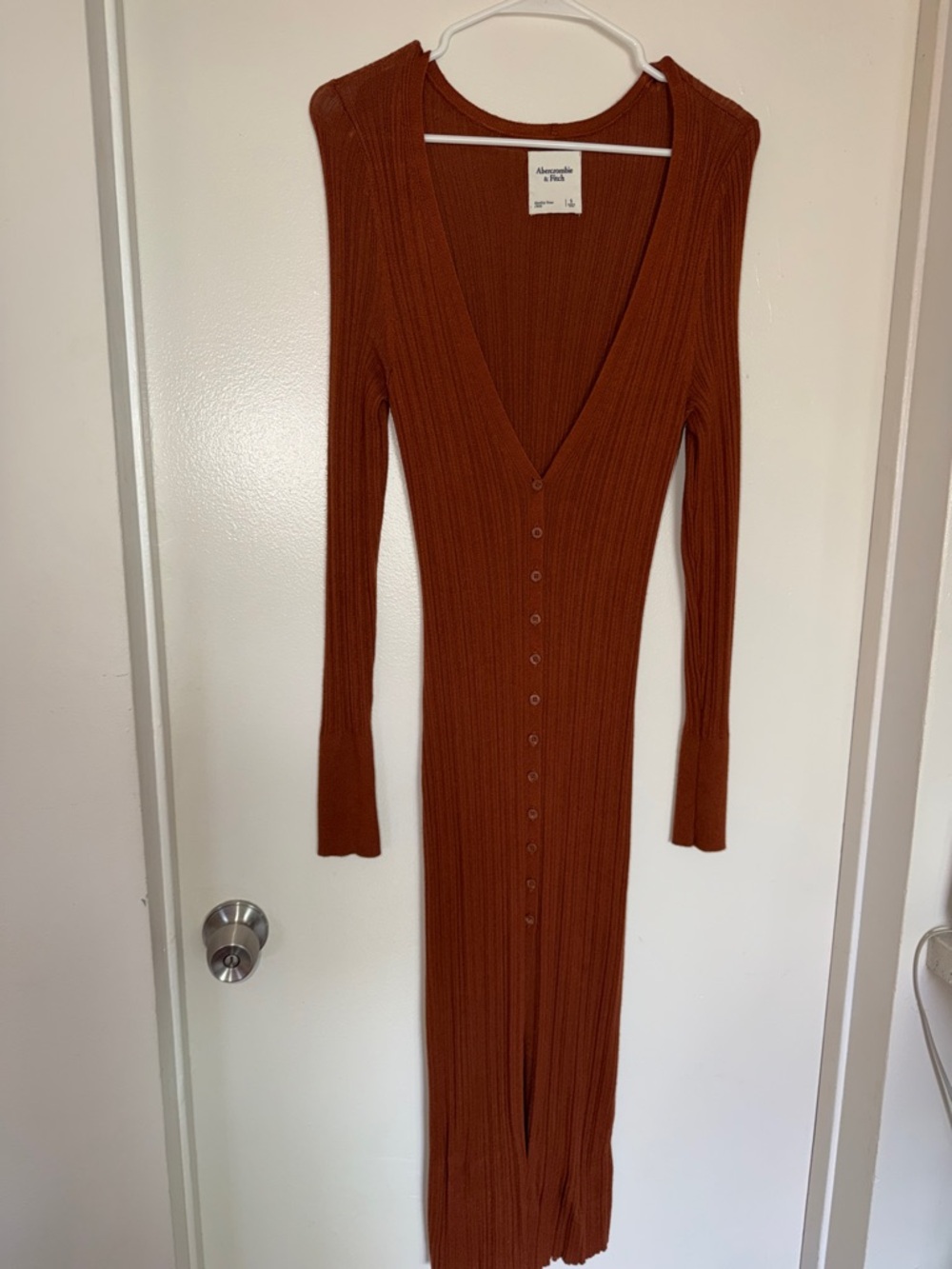 Abercrombie & Fitch Rust Ribbed Button-Front Long Sleeve Dress